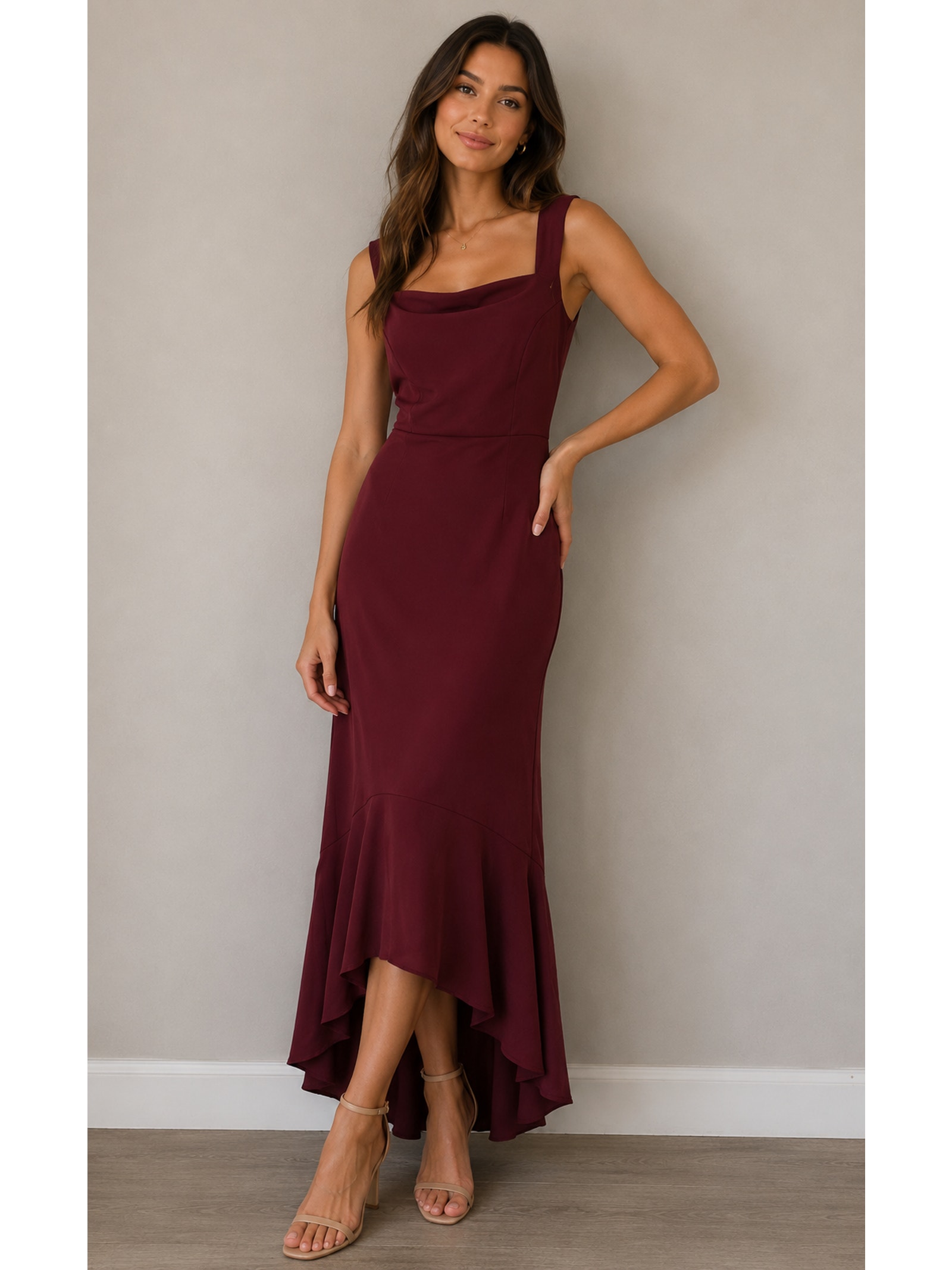 Burgundy Mermaid Maxi Dress Sleeveless Formal Evening Wedding Guest Gown Size 8